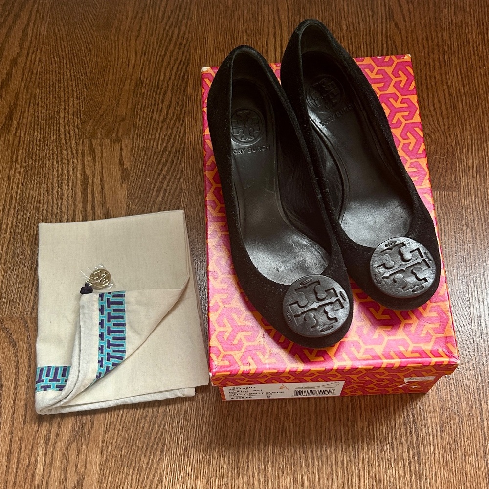 Tory Burch Sally Leather Suede Slip On Wedges with  Leather Monogram
